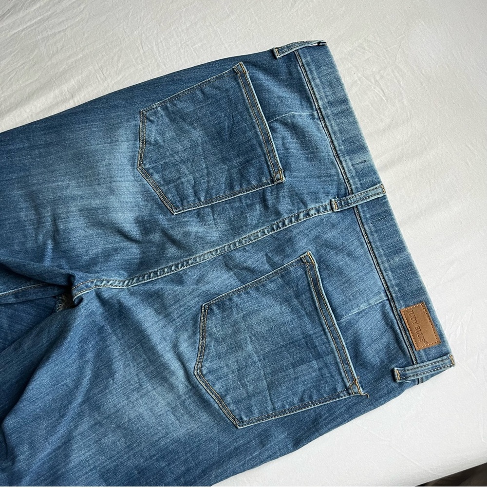 JUDY BLUE medium blue wash denim cotton blend stretch raw fray hem flare jeans‎ - Picture 4 of 6